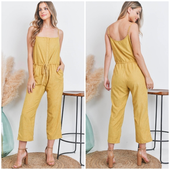 BLUE BLUSH Chic Mustard Woven Sueded Spaghetti Straps Jumpsuit - Picture 2 of 6
